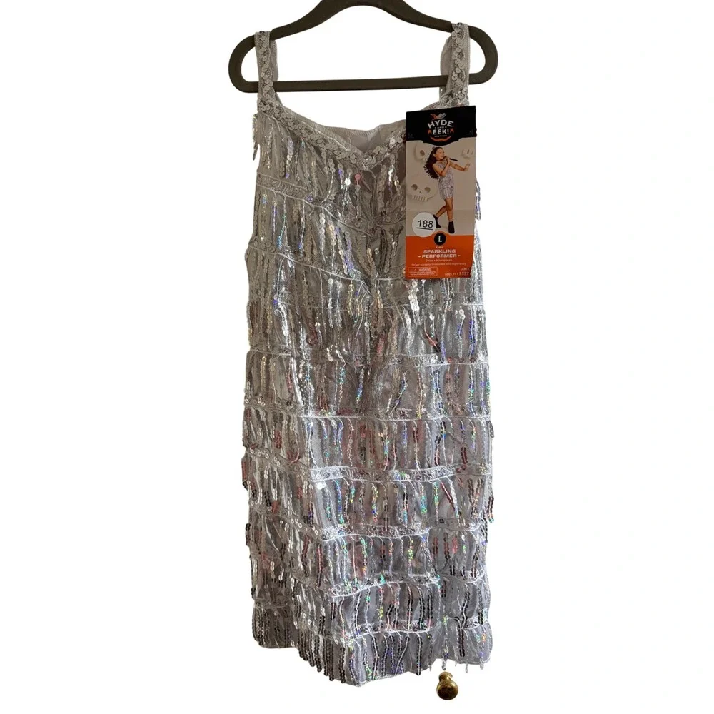 Hyde and EEK Kids Sparkling Performer Costume Silver Sequin Dress Microphone lat